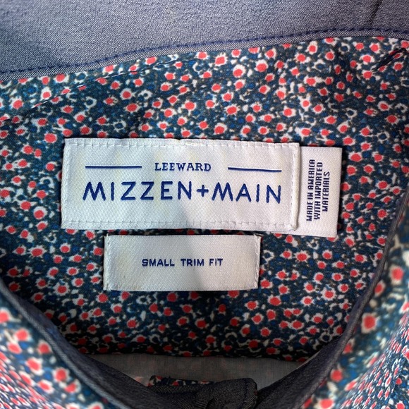 Mizzen Main Shirt Mens Small Trim Fit Navy Red Floral Stretch Button Up Leeward - Picture 2 of 13